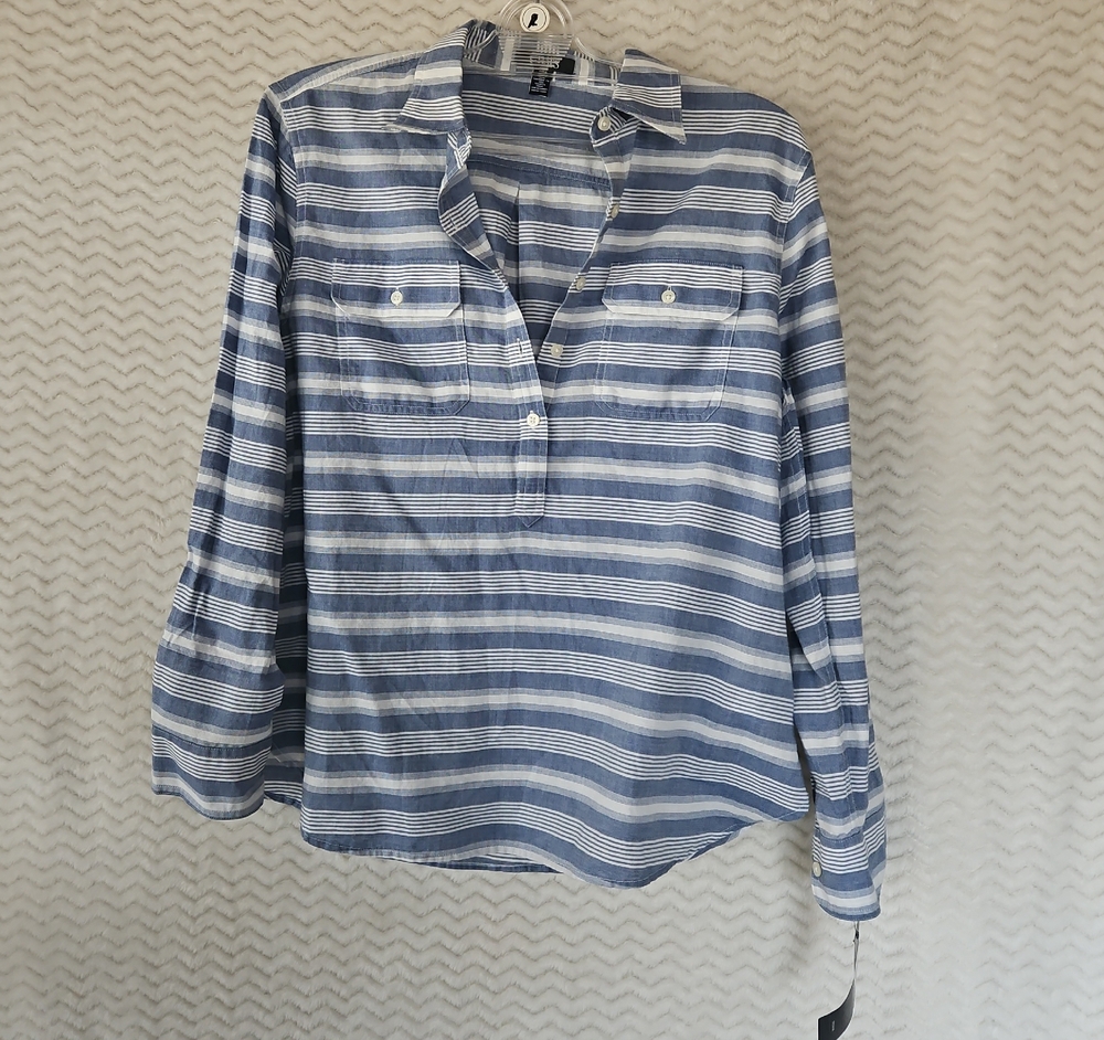 NWT Chaps Blue Striped Button-Up Long Sleeve Shirt.